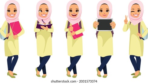 Collection Of Different Pose Muslim Teenager Girl Student