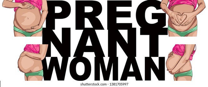 Collection with different poses African American Woman pregnant against a white background with inscription. Black woman pregnant. woman with hands on her pregnant tummy