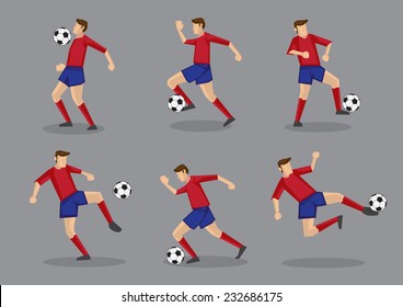 Collection of different poses of soccer player in red jersey with soccer ball. Vector illustration isolated on grey background.