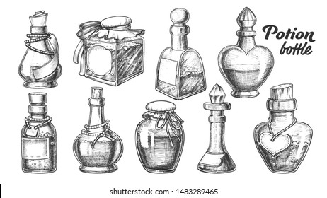 Collection Of Different Potion Bottles Set Vector. Many Kinds And Form Blank Poison Or Potion Bottles With Liquid. Various Shapes Glass Jars Hand Drawn In Vintage Style Monochrome Illustrations
