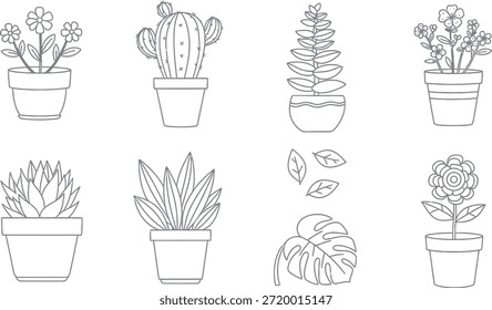 Coleção de diferentes plantas em vaso no estilo de arte de linha simples