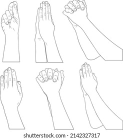 Collection of different praying hands illustration isolated on white