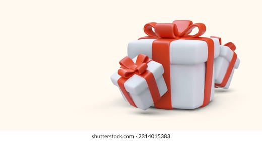 Collection with different presents. 3d realistic gift boxes. Presents and souvenirs for family. Promo poster for online store with place for text. Vector illustration in cartoon style