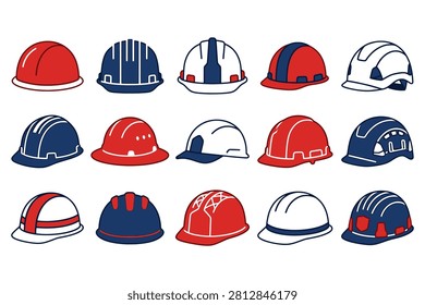 Collection of different protective headwear designs. Safety equipment for site work. Red white and blue plastic hats.