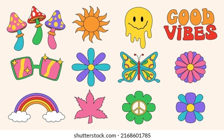 Collection of different psychedelic groovy elements. Hippie retro vintage clipart in 70s-80s style. Vector illustrations hippie style.