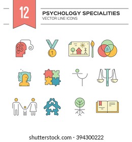 Collection of different psychological icons made in modern line style vector. Mental health icon collection, uncluding rorschach test, neyropsychology, at therapy.
