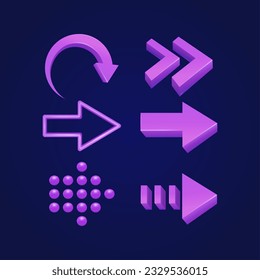 Colección de diferentes flechas moradas sobre un fondo oscuro. Flechas en juego de iconos 3d, adecuado para aplicaciones, web, medios sociales y elementos