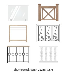 Collection different railing realistic vector illustration. Set fences wooden, glass, metallic and concrete isolated. Ornamental vintage and modern area protection constriction, security boundary