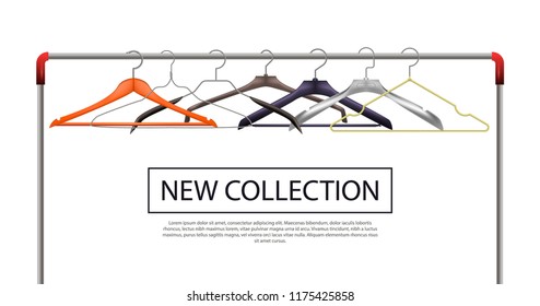 Collection of different realistic hangers on the handrail. Store template with insulated hangers.