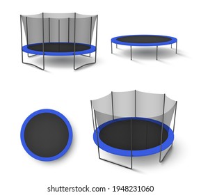 Collection of different realistic jumping trampoline vector illustration in isometric style. Set of various recreational or sport fitness equipment for fun isolated. Safe activity tool for gymnastic