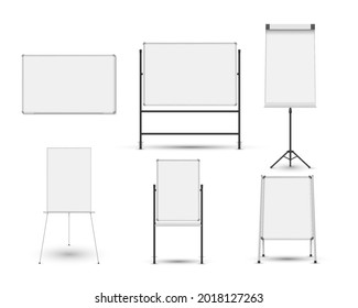 Collection different realistic whiteboard vector illustration. Set of blank magnetic board with metal frame, on tripod, hanged on wall isolated on white. Equipment for seminar, presentation, training