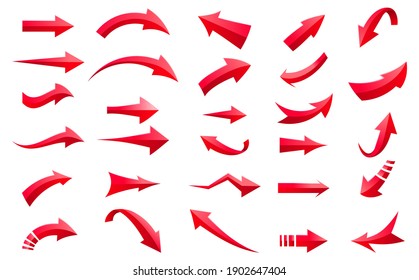 Colección de diferentes flechas rojas sobre fondo blanco. Flecha en conjunto de iconos 3d, flechas rojas para el diseño de aplicaciones, web y ilustración digital musical. Ilustración del vector