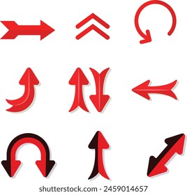 Collection of different red arrows on white background. Arrow in 3d icons set, red arrows for app, web and music digital illustration design. Vector illustration. Best for business presentations.