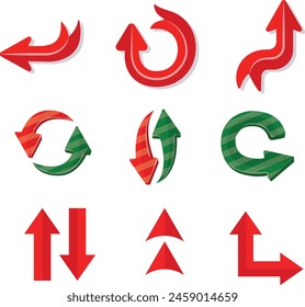 Collection of different red arrows on white background. Arrow in 3d icons set, red arrows for app, web and music digital illustration design. Vector illustration. Best for business presentations.