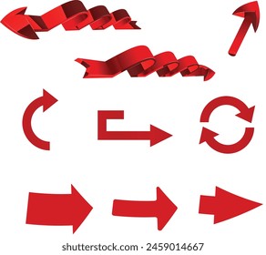 Collection of different red arrows on white background. Arrow in 3d icons set, red arrows for app, web and music digital illustration design. Vector illustration. Best for business presentations.