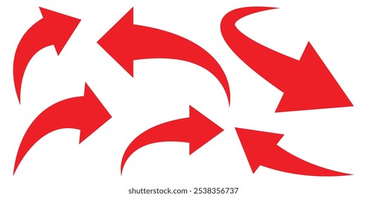 Collection of different red arrows on white background. Arrow icons set, red arrows for app, web and music digital illustration design. Vector illustration. EPS 10