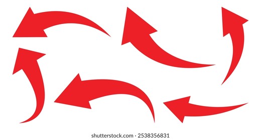 Collection of different red arrows on white background. Arrow icons set, red arrows for app, web and music digital illustration design. Vector illustration. EPS 10