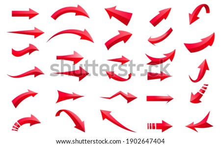 Collection of different red arrows on white background. Arrow in 3d icons set,  red arrows for app, web and music digital illustration design. Vector illustration