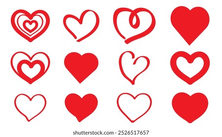 Collection of different red heart illustration, Hand drawn hearts.Vector symbol icon set. red and white.illustration design.
