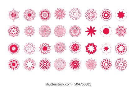 Collection of different red snowflakes. Winter abstract pattern