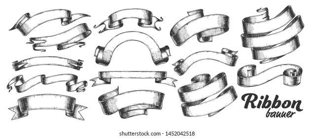 Collection Of Different Ribbon Set Vintage Vector. Scroll Curled Curved Blank Ribbon Concept. Designed Decorative Elegance Tape Advertisement Element Template Monochrome Illustrations
