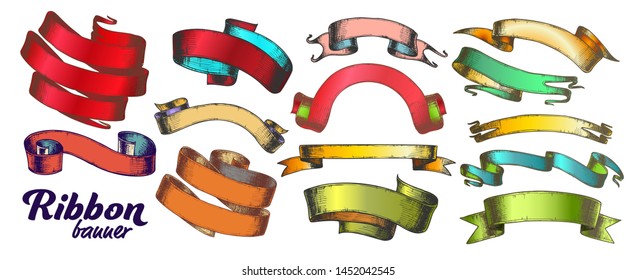 Collection Of Different Ribbon Set Vintage Vector. Scroll Curled Curved Blank Ribbon Concept. Designed Decorative Elegance Tape Advertisement Element Template Color Illustrations