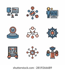 Collection of different robot designs and mechanical gadgets in flat style
