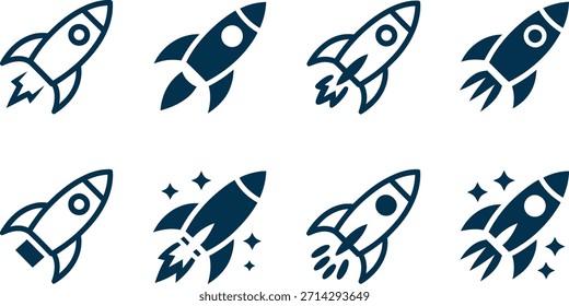 Colección de diferentes iconos de la nave cohete en varios estilos