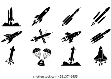 Collection of different rocket ships and spacecraft icons on transparent background