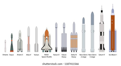 A collection of different rockets, shuttles and spaceships. Vector flat line illustration, isolated on white background.
