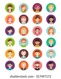 Collection of different round avatars with men and women. Vector illustration in flat style. 