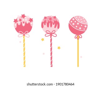 Collection of different round pink lollipops isolated on a white background. Cake pops on stick with sprinkles. Candies in cartoon style. Colorful sweets icons set. Hand drawn vector illustration