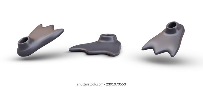 Collection of different rubber black driver fins in different positions. Shoes for swimming in ocean underwater. Vector illustration in 3D style with white background