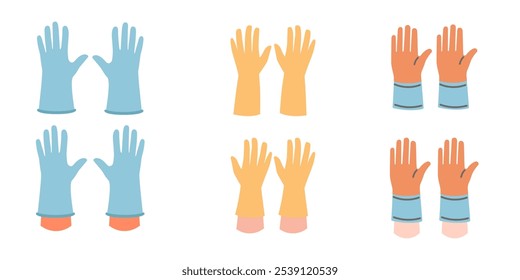 Collection of different rubber gloves. Hand in rubber gloves