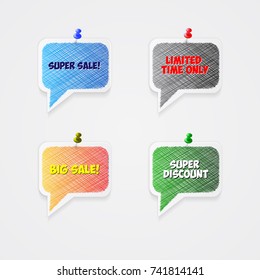 Collection of different sale stickers, vector discount, special offer in origami style. Isolated. stationery buttons, hammer, colored pins, a set of push-pins of different colors. The verbal bubble.
