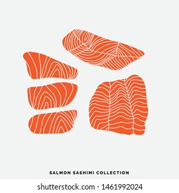 Collection of different salmon pieces and slices. Art for menu decoration. Hand drawn illustrations in flat minimalistic style. Sushi ingredients design.