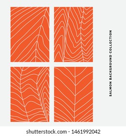 Collection of different salmon vector backgrounds. Art for menu decoration. Hand drawn illustrations in flat minimalistic style. Fresh fish cuts.