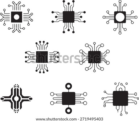 Collection of different schematic icons representing integrated circuits and logic gates isolated on transparent background