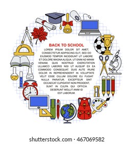 Collection of different school objects arranged in a circle. Place for your text.  Flat style illustration isolated on background. 