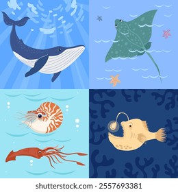 Collection of different sea animals. Four illustrations in cartoon style