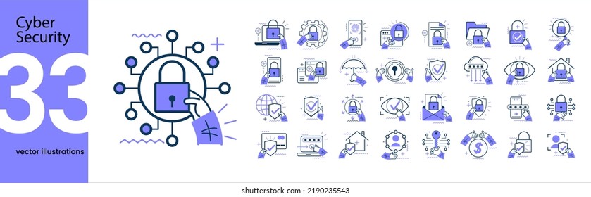 Collection Of Different Security Scenes And Situations. Human Hands With Icons And Images. Secure Web Traffic, Rights Of Access, Secure File Sharing, Virtual Private Network, VPN, Traffic Analysis