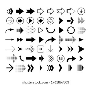 Collection of different shape arrows. Set of arrows icons isolated on white background. Vector signs