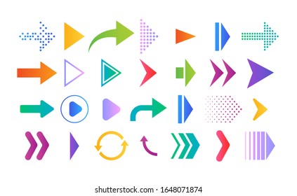 Collection of different shape colorful gradient arrows. Set of arrows icons isolated on white background. Vector signs