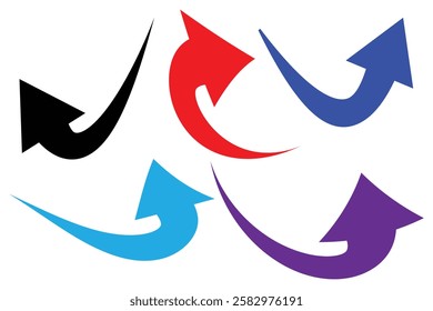 Collection different shape and size multi colored one directional arrow signs. Different cursor arrow direction symbols in flat style.
single headed curve arrow icon vector. Curve arrow set.