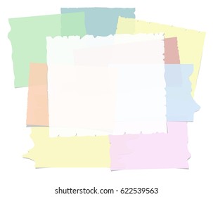 Collection of different shape and size ripped colored sticky notes on white background