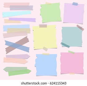 Collection of different shape and size ripped colored sticky notes and adhesive tape