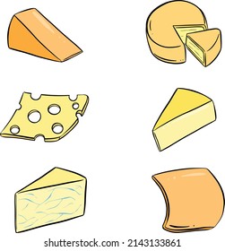Collection of different shaped cheeses like a slice a wedge and a wheel cartoon logo vector