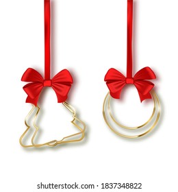 Collection of different shaped gold gift tag price tag with red ribbon isolated on white background. Vector.