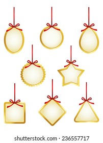 Collection of different shaped gold gift tag / price tag with red ribbon isolated on white background