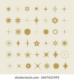 Coleção de diferentes formas de símbolos e brilhos de estrelas celestiais douradas. Elementos de design de espaço. Ilustração vetorial